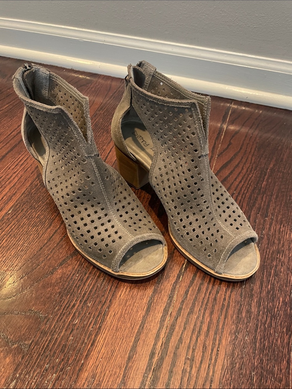 Dirty Laundry Gray Perforated Suede Peep-Toe Block Heel Boots